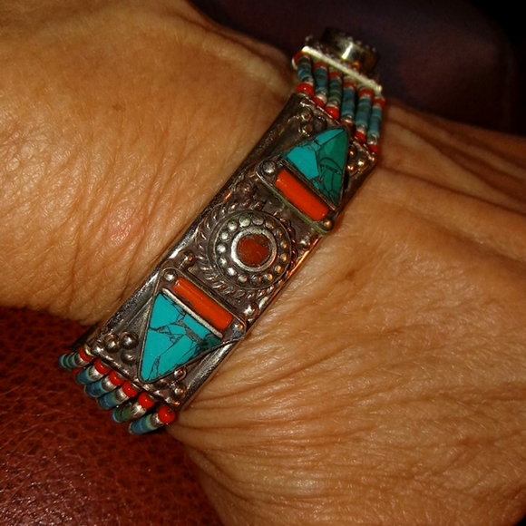 SOLD.  TURQUOISE/CORAL BRACELET - Picture 3 of 4